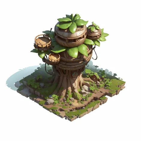 There is a small tree，There is a spherical building on top， Contains tree props, Game assets of plant and tree, stylized concept...