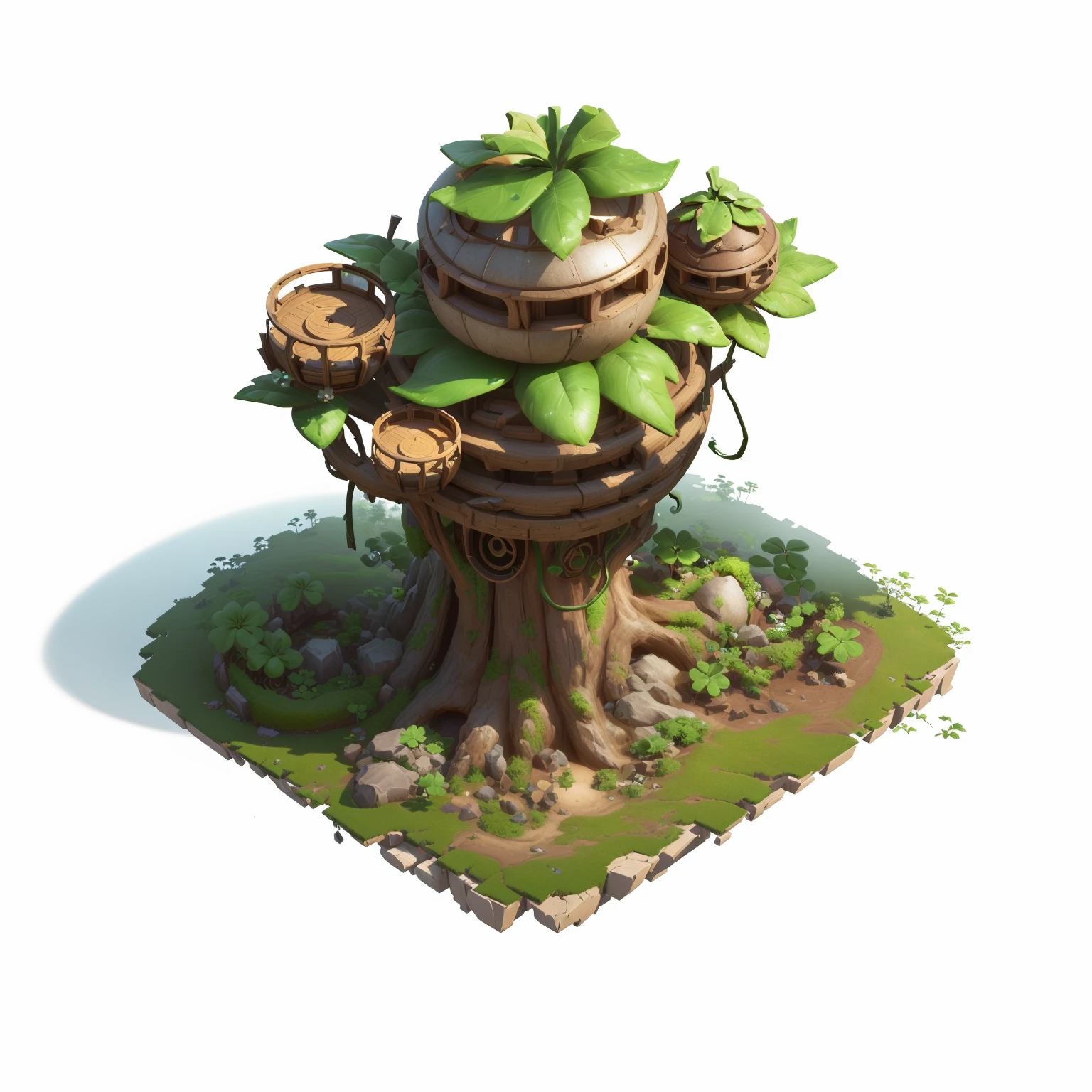 Hay un pequeño árbol，Hay un edificio esférico en la cima.， Contiene accesorios para árboles., activos del juego of plant and tree, arte conceptual estilizado, Arte de juego estilizado, casa del árbol bonsái, Imagen del juego, Estilo de renderizado 3D, representación 3d estilizada, Estilizado como renderizado 3D, activos del juego