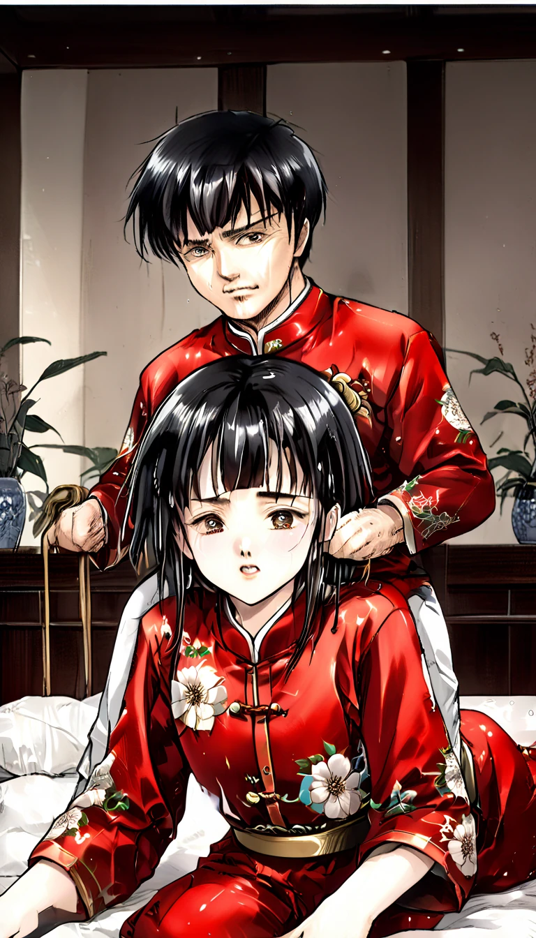 A tragic historical drama in 8k live-action style: Beautiful palace secrets　Beautiful 10 year old Chinese Kung Fu girl with long black hair has very rough unwanted sex with old man emperor　Gorgeous embroidery, Ultra glossy, She is wearing a shiny red top and bottom long sleeve floral pajama kung fu suit....　　She is sexually assaulted