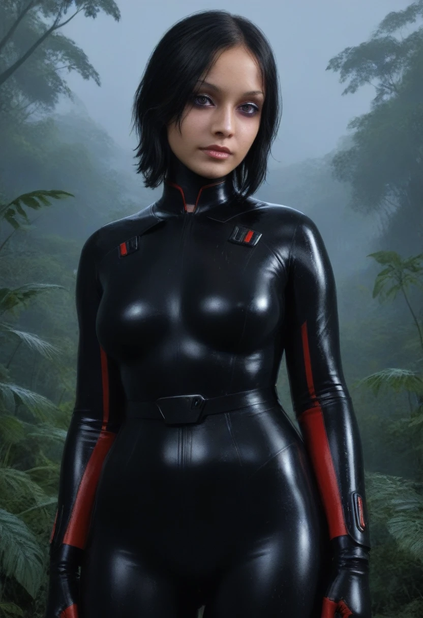 zPDXL, source_anime, BREAK Trilla, helmet with red visor, , armor,black gloves,tight bodysuit,,black pants, BREAK close-up, solo, standing, front view, medium breasts, , wide hips, BREAK x3dce, 3d, jungle background, dense vegetation, rain, night, night sky,
