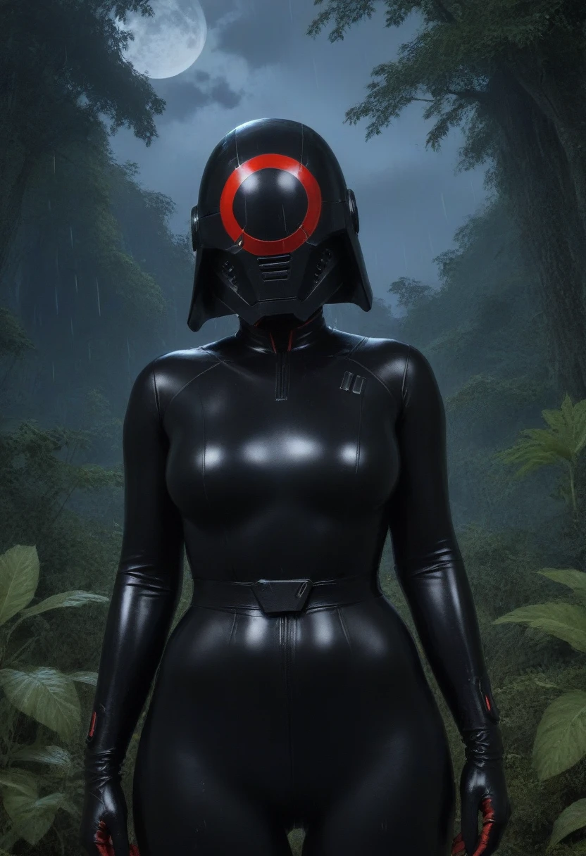 zPDXL, source_anime, BREAK Trilla, helmet with red visor, , armor,black gloves,tight bodysuit,,black pants, BREAK close-up, solo, standing, front view, medium breasts, , wide hips, BREAK x3dce, 3d, jungle background, dense vegetation, rain, night, night sky,
