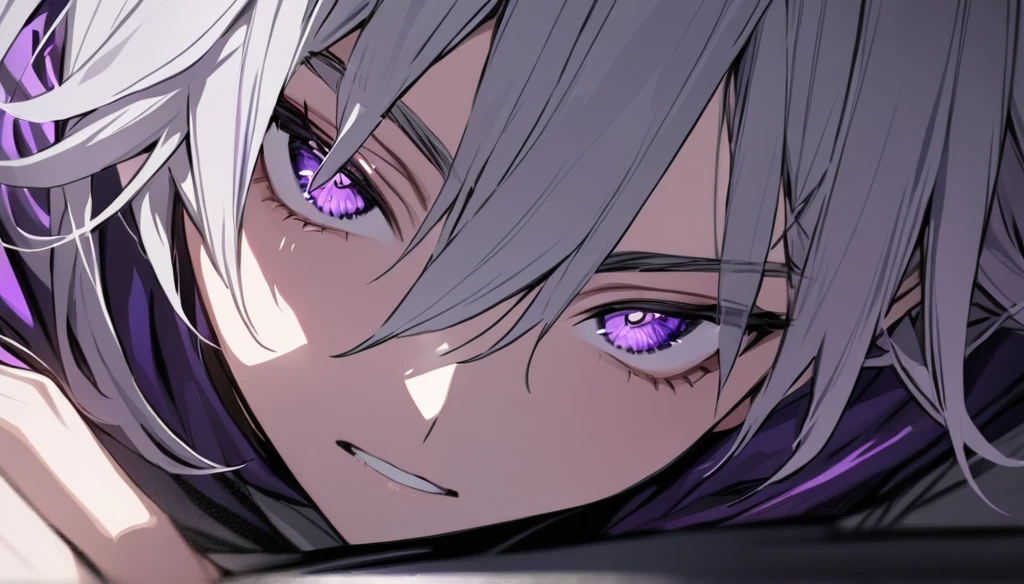 Resolution full, boy, very accurate, best quality, masterpiece, from front boy, cinematic lighting, full HD, very sharpener, only showing eyes, focus at eyes, detailed eyes, best art, very accurate, 1boy, solo, boy, violet eyes, grey hair, violet eyes