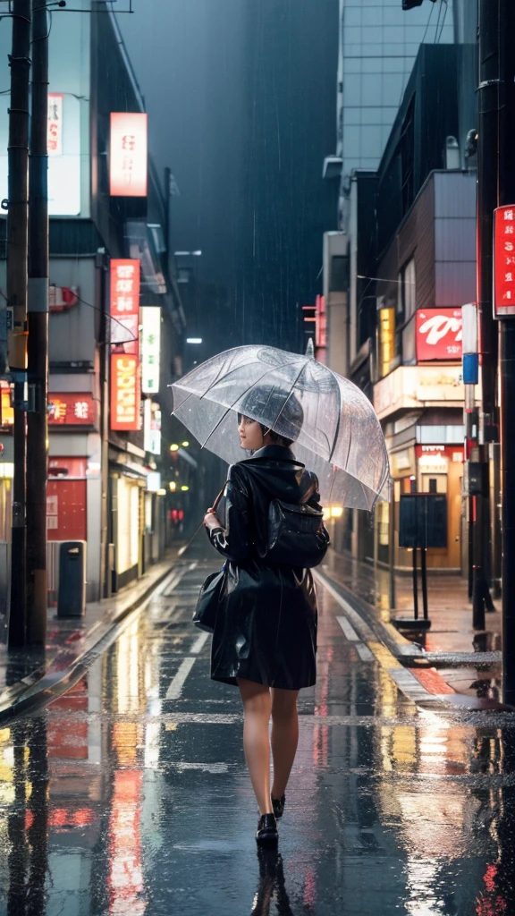 A young woman is walking in the rain with an umbrella、rain, in Tokyo, (masterpiece, highest quality, Very detailed, Ultra-high resolution, (photopractical:1.4), Original photo, (practical:0.2), 8K )