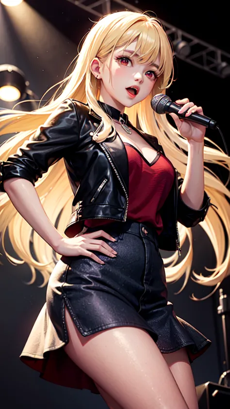 Blonde long hair high school girl、Red eyes、Stage Costumes、Jacket、Dance with excitement、microphone