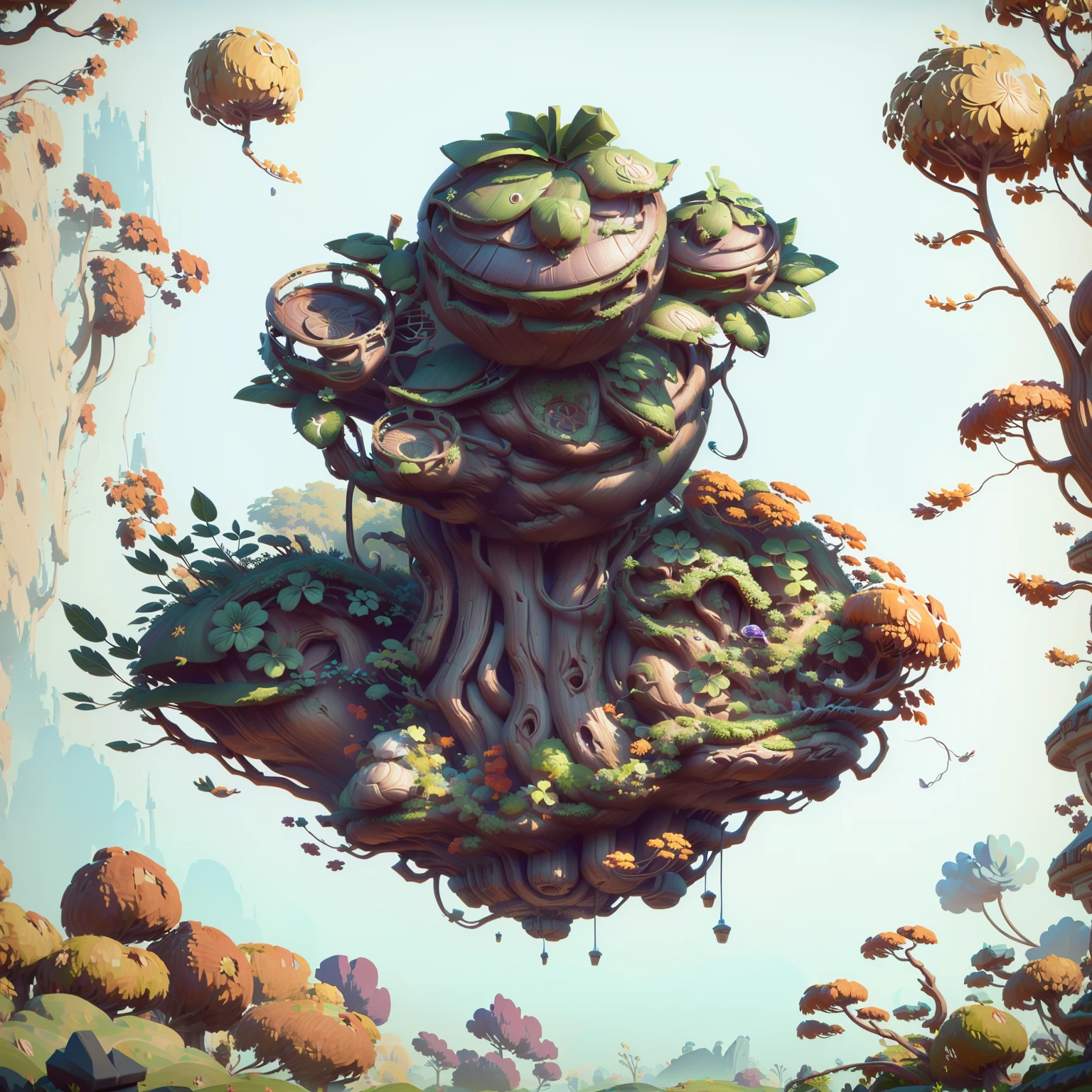 Hay un gran árbol，Hay un edificio esférico en la cima.， Contiene accesorios para árboles., activos del juego of plant and tree, arte conceptual estilizado, Arte de juego estilizado, casa del árbol bonsái, Imagen del juego, Estilo de renderizado 3D, representación 3d estilizada, Estilizado como renderizado 3D, activos del juego