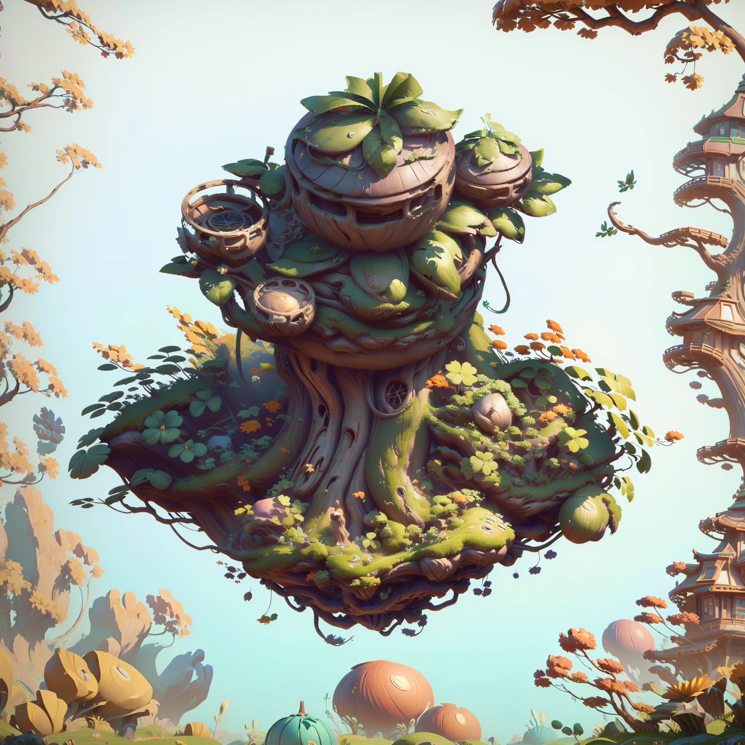 Hay un gran árbol，Hay un edificio esférico en la cima.， Contiene accesorios para árboles., activos del juego of plant and tree, arte conceptual estilizado, Arte de juego estilizado, casa del árbol bonsái, Imagen del juego, Estilo de renderizado 3D, representación 3d estilizada, Estilizado como renderizado 3D, activos del juego