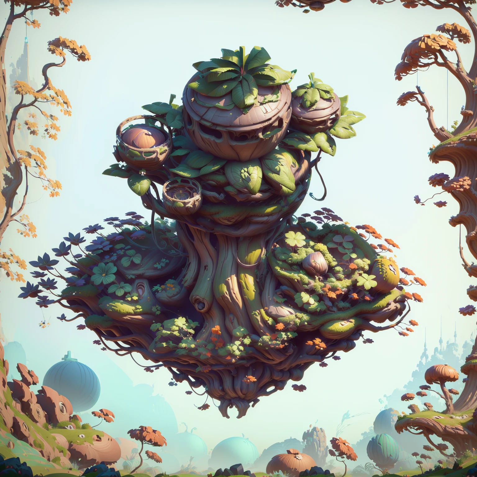 Il y a un grand arbre，Il y a un bâtiment sphérique au sommet， Contient des accessoires d&#39;arbre, Actifs du jeu of plant and tree, art conceptuel stylisé, Art de jeu stylisé, cabane dans les bonsaïs, Image du jeu, Style de rendu 3D, Rendu 3D stylisé, Stylisé en tant que rendu 3D, Actifs du jeu