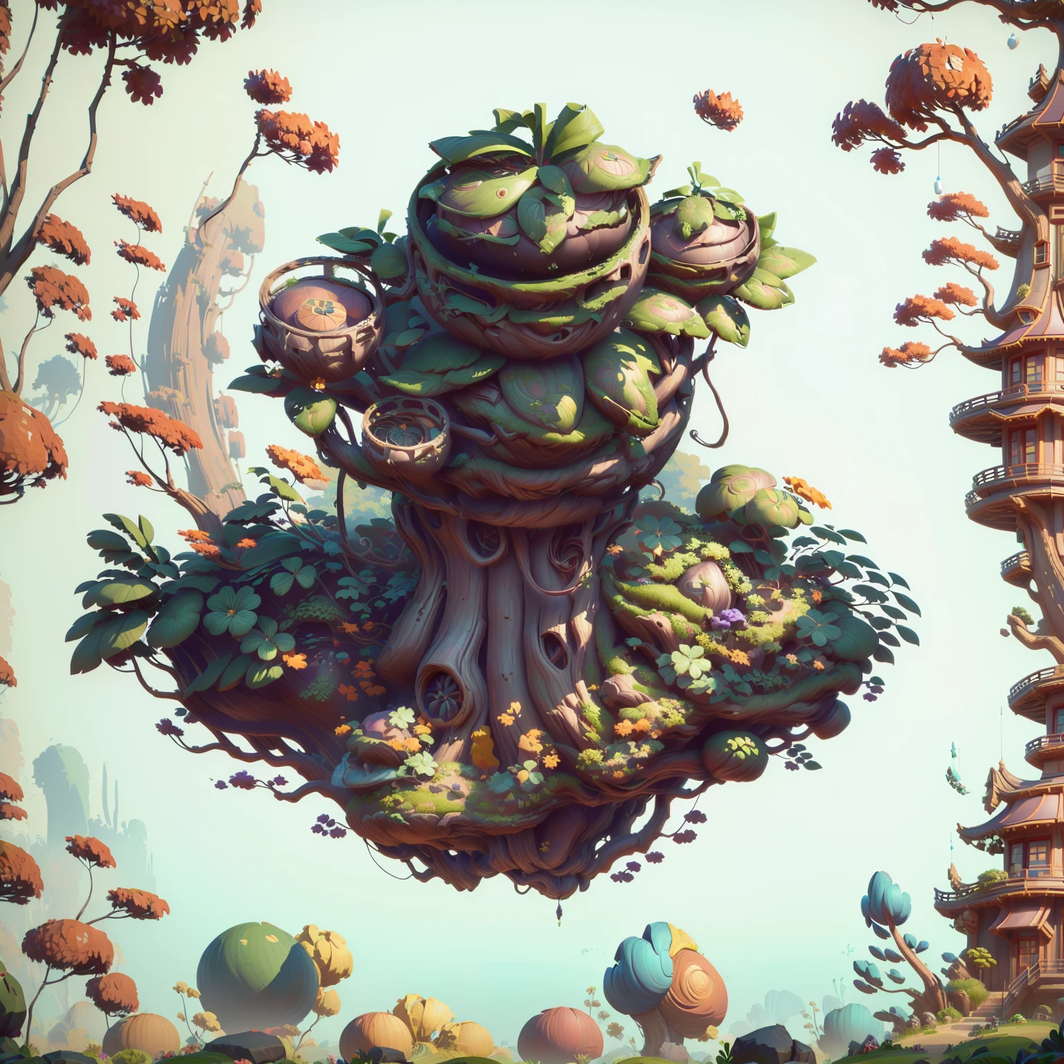 Il y a un grand arbre，Il y a un bâtiment sphérique au sommet， Contient des accessoires d&#39;arbre, Actifs du jeu of plant and tree, art conceptuel stylisé, Art de jeu stylisé, cabane dans les bonsaïs, Image du jeu, Style de rendu 3D, Rendu 3D stylisé, Stylisé en tant que rendu 3D, Actifs du jeu