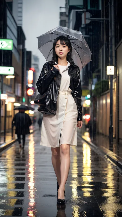 front view, A young woman is walking in the rain with an umbrella,rain, in Tokyo, (masterpiece, highest quality, Very detailed, ...