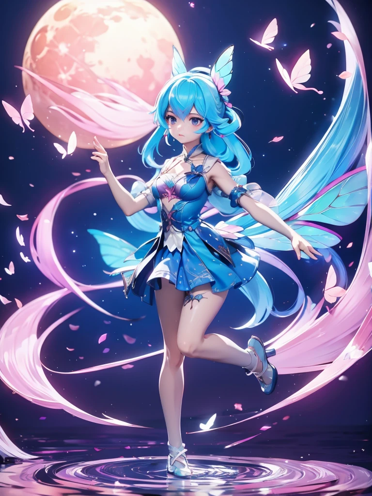 Seizo Watase style, Simple Line Initialism，Abstract art, 3d character ,(((The most beautiful girl of all time))),  (full body 1.2), only girl, long hair, bufferfly and sky background, 25 year old, full body, (((8k))), (((3d)), blue and pink hair, Large butterfly wings on the back,  moon, ballet dance, 