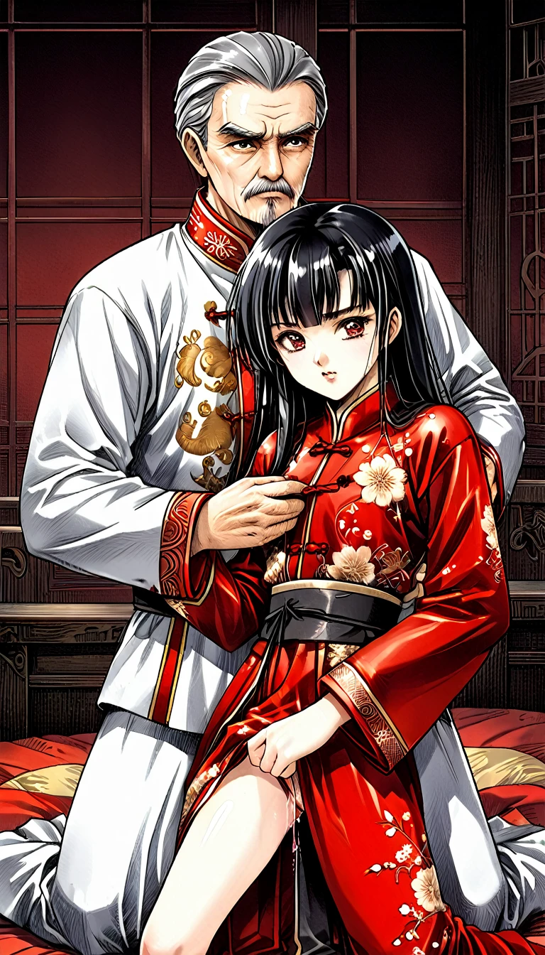 A tragic historical drama in 8k live-action style: Beautiful palace secrets　Beautiful 10 year old Chinese Kung Fu girl with long black hair has very rough unwanted sex with old man emperor　Gorgeous embroidery, Ultra glossy, She is wearing a shiny red top and bottom long sleeve floral pajama kung fu suit....　　She gets her penis thrust into her from behind by the Emperor