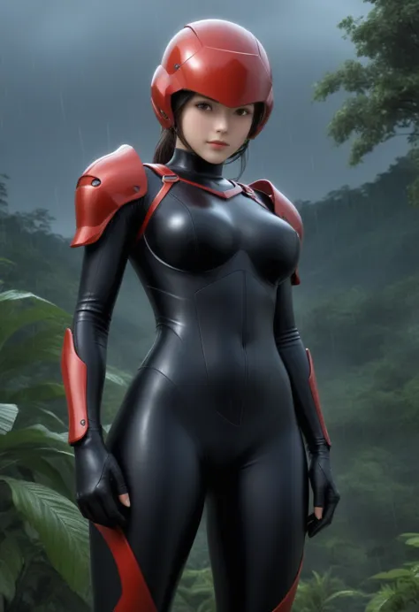zPDXL, source_anime, BREAK Trilla, helmet with red visor, , armor,black gloves,tight bodysuit,,black pants, BREAK close-up, solo...