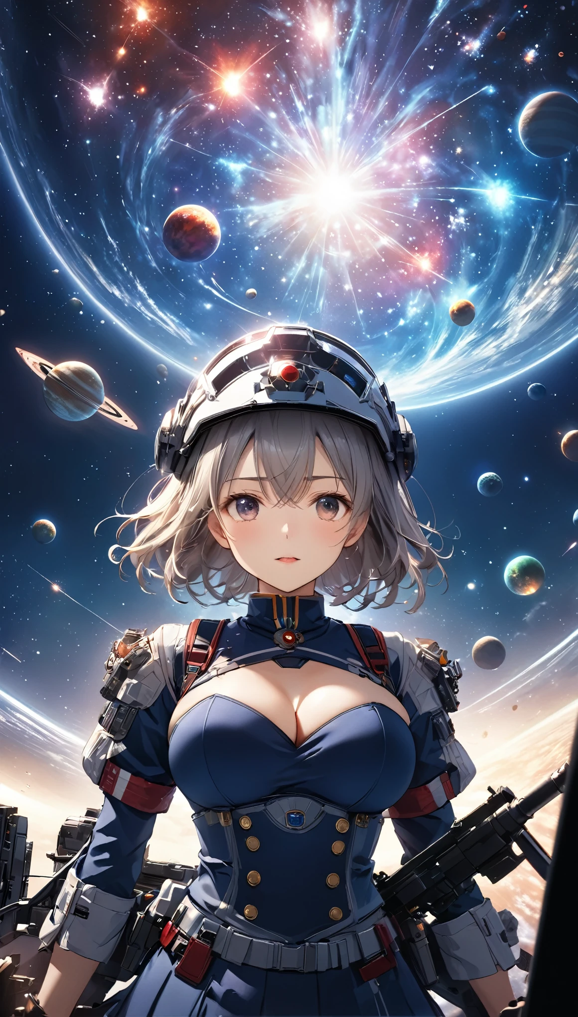 Highest quality, Highest quality, 16K, Unbelievably absurd, Very detailed, 2.5D, delicate and dynamic, universe, planet, war, universe戦艦ヤマト, 鮮やかな色のplanet, Tiny faint lights and colorful meteors, space ships, universeステーション, Very delicate facial expressions, Delicate eye depiction, Upper body close-up,, erotic, dynamic sexy poses, Only sexy women, Healthy body shape, 22-year-old woman, Commander, Height: 170cm, Large, firm, swaying bust, Clear glass helmet, universe戦艦ヤマト船員のuniverse服, gun, 複雑な構造のuniverse服, カラフルなuniverse服, Movie battle scenes, Take command in the control room