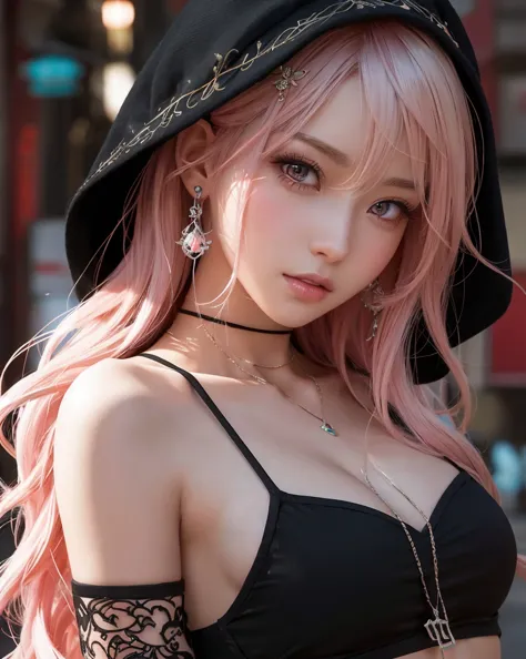 There is a woman with platinum and pink gradient hair and a black top.., Anime Style. 8K, Photorealistic Anime Girl Rendering, E...
