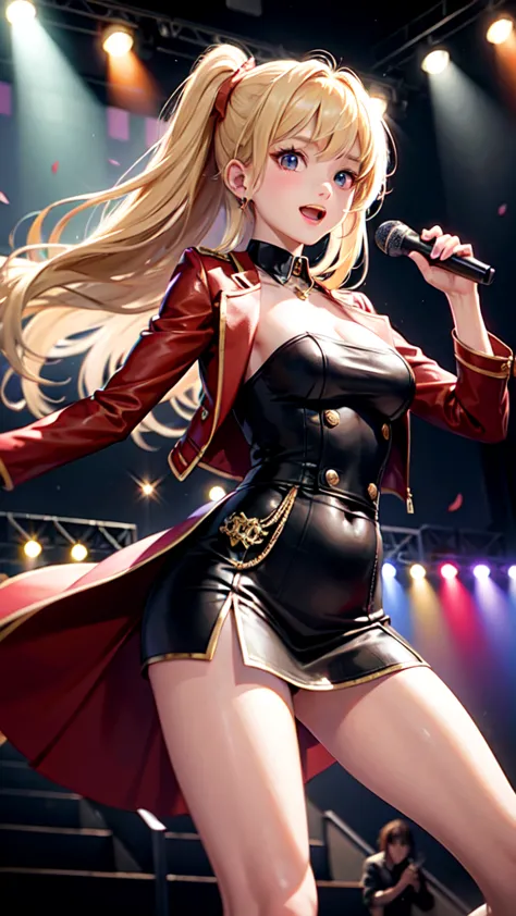 Blonde long hair high school girl、Red eyes、Stage Costumes、Jacket、Dance with excitement、microphone