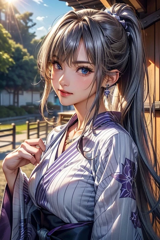 #Basics A girl is posing for a photo, animeのかわいい女の子, (((One Girl, Baby Face, 16 years old))), 
break 

#Clothing Accessories 
((Purple and white)yukata : Stripe pattern + Blue Band + Long sleeve + Wide sleeves, ability), 
(big silver necklace, Silver Earrings, Hair Clip), 
break 

#Features 
(Purple Hair:1.4, Chest-length sideburns:1.4 + Curly Hair:1.4, Big ponytail : Hair blowing in the wind + Very long hair + Curly Hairで横に広がるボリュームのある髪 + Hair curled outward), 
(Droopy eyes,blue eyes), (Small breasts), 
break 

#Performance 
(smile), 
#background environment 
((noon, sunlight + shrine + Rural Scenery)), 
#composition 
(Engage your audience:1.4, Aggressive Pose:1.4, Cowboy Shot:1.4), 
break 

#Body parts elements 
(Beautiful Hair,Shiny Hair), 
(double eyelid, Long eyelashes), 
(細かい目のPerformance, Beautiful and delicate eyes, Sparkling eyes, Eye Reflexes), 
(Human Ear), 
(Beautiful Nose, Thin Nose), 
(Glossy Lips, Beautiful Lips, Thick lips), (Symmetrical facial features), 
(Detailed skin, Textured skin, Beautiful Skin), 
break 

#quality 
(((最高quality)), ((masterpiece)), ((Very detailed))), ((High resolution), (16K,1080P)), 
(Realistic), (Anatomically correct), 
((comics, anime)), (3DCG), CG illustration,
