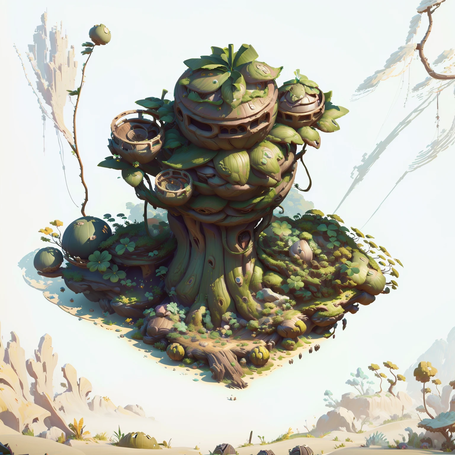 Hay un pequeño árbol，Hay un edificio esférico en la cima.， Contiene accesorios para árboles., activos del juego of plant and tree, arte conceptual estilizado, Arte de juego estilizado, casa del árbol bonsái, Imagen del juego, Estilo de renderizado 3D, representación 3d estilizada, Estilizado como renderizado 3D, activos del juego