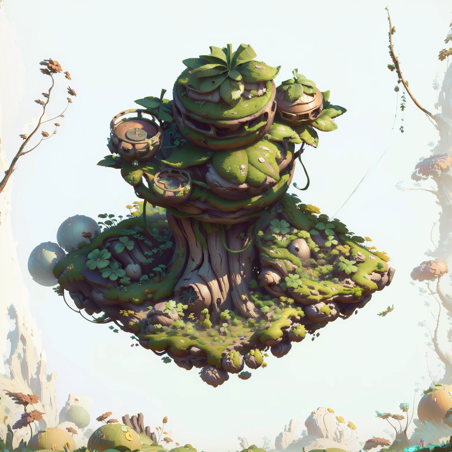 Hay un pequeño árbol，Hay un edificio esférico en la cima.， Contiene accesorios para árboles., activos del juego of plant and tree, arte conceptual estilizado, Arte de juego estilizado, casa del árbol bonsái, Imagen del juego, Estilo de renderizado 3D, representación 3d estilizada, Estilizado como renderizado 3D, activos del juego