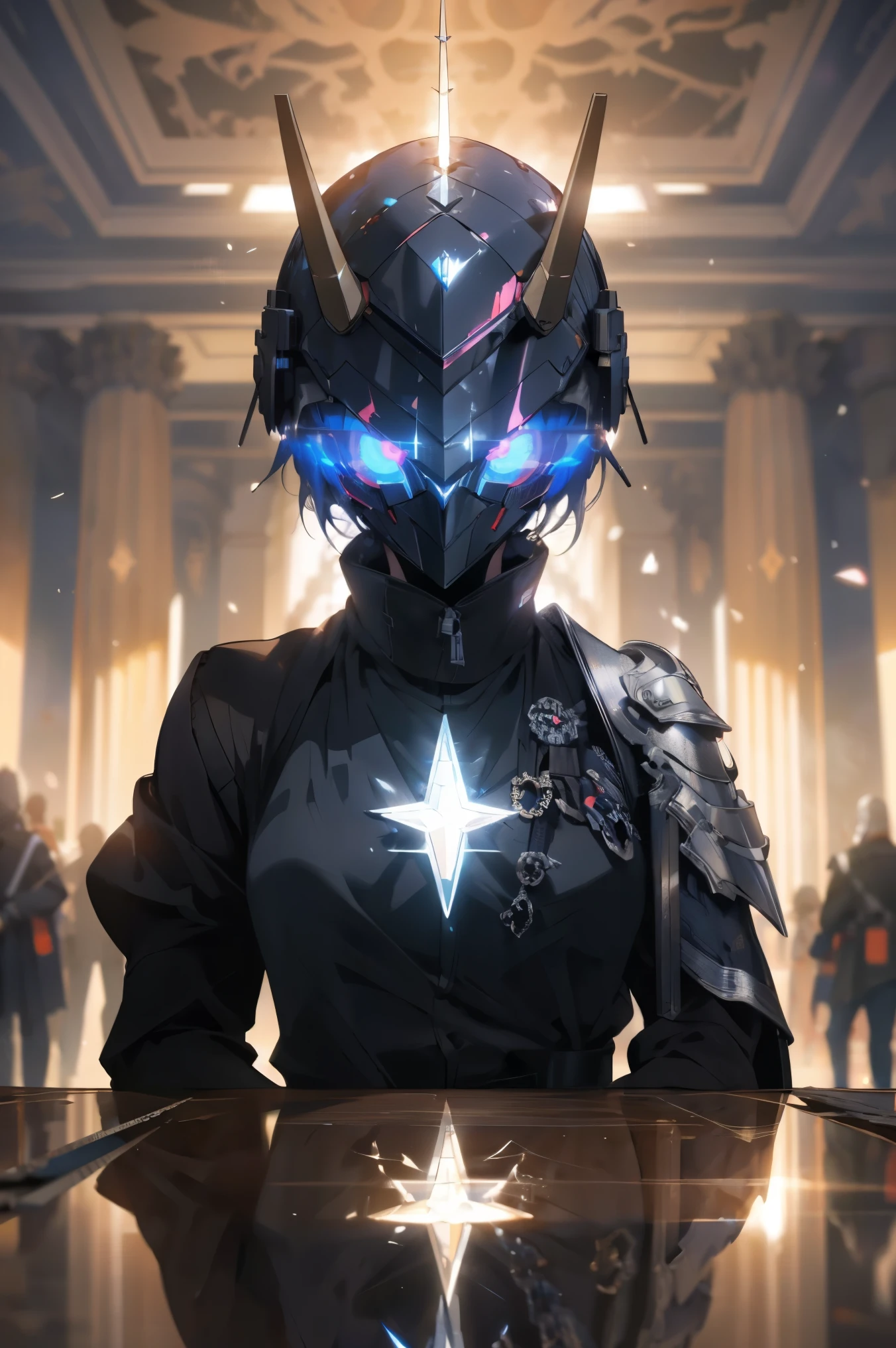1 girl, No face, mystery, helmet, Unicorn Horn, Glowing eyes, Extreme detail, Lustrous metal, Dynamic Angle, Detailed lighting, dramatic_shadow, Rays_track, reflection,Raw, Lenses, (Clear focus:1.5), (Reality:1.2), Dusk lighting, Volumetric Lighting, Ultra-high resolution, 16K,dramatic lighting,