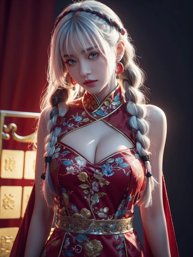 vibrant colors, female, masterpiece, sharp focus, best quality, depth of field, cinematic lighting, white hair, red eyes, braid, dress, long hair, red eyes, tattoo, earrings, jewelry, black dress, hair ornament, bangs, chinese clothes, breasts, china dress, sleeveless, 