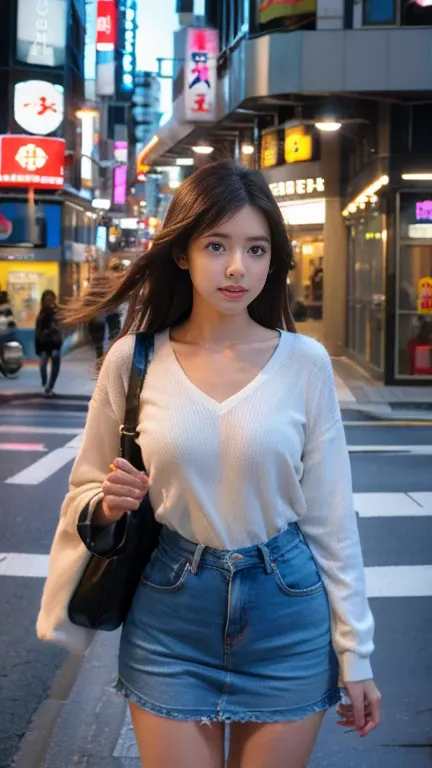 front view, a young woman is walking in street ,  in tokyo, (masterpiece, highest quality, very detailed, ultra-high resolution,...