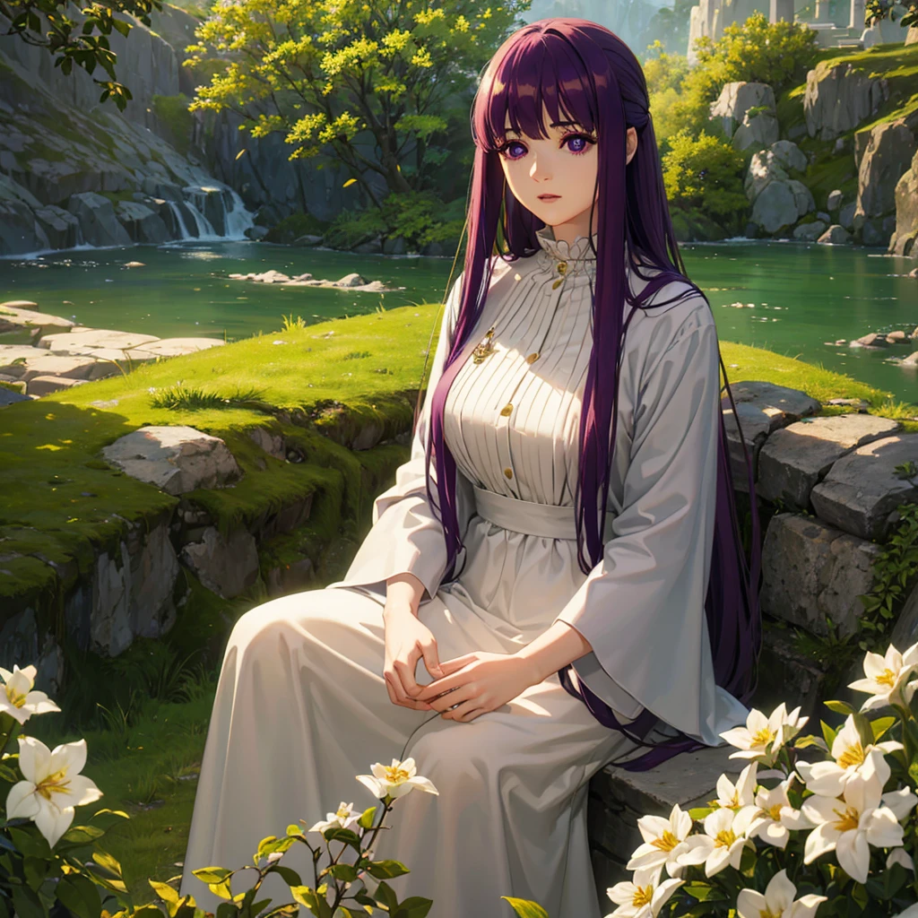 A young girl with long purple hair, beautiful detailed eyes, beautiful detailed lips, extremely detailed face, long eyelashes, wearing a flowing dress, serene expression, sitting on a mossy rock in a fantasy landscape, (best quality,8k,highres,masterpiece:1.2),ultra-detailed,(realistic,photorealistic:1.37),cinematic lighting, vibrant colors, dramatic lighting, dramatic clouds, golden hour