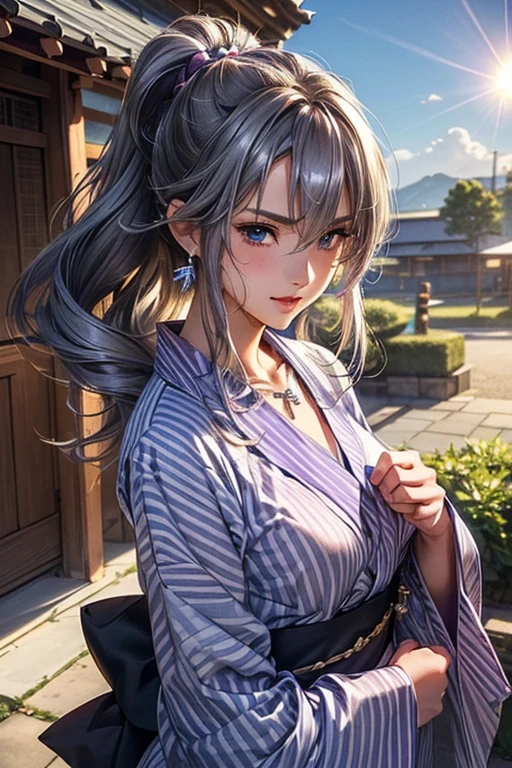 #Basics A girl is posing for a photo, animeのかわいい女の子, (((One Girl, Baby Face, 16 years old))), 
break 

#Clothing Accessories 
((Purple and white)yukata : Stripe pattern + Blue Band + Long sleeve + Wide sleeves, ability), 
(big silver necklace, Silver Earrings, Hair Clip), 
break 

#Features 
(Purple Hair:1.4, Chest-length sideburns:1.4 + Curly Hair:1.4, Big ponytail : Hair blowing in the wind + Very long hair + Curly Hairで横に広がるボリュームのある髪 + Hair curled outward), 
(Droopy eyes,blue eyes), (Small breasts), 
break 

#Performance 
(smile), 
#background environment 
((noon, sunlight + shrine + Rural Scenery)), 
#composition 
(Engage your audience:1.4, Aggressive Pose:1.4, Cowboy Shot:1.4), 
break 

#Body parts elements 
(Beautiful Hair,Shiny Hair), 
(double eyelid, Long eyelashes), 
(細かい目のPerformance, Beautiful and delicate eyes, Sparkling eyes, Eye Reflexes), 
(Human Ear), 
(Beautiful Nose, Thin Nose), 
(Glossy Lips, Beautiful Lips, Thick lips), (Symmetrical facial features), 
(Detailed skin, Textured skin, Beautiful Skin), 
break 

#quality 
(((最高quality)), ((masterpiece)), ((Very detailed))), ((High resolution), (16K,1080P)), 
(Realistic), (Anatomically correct), 
((comics, anime)), (3DCG), CG illustration,
