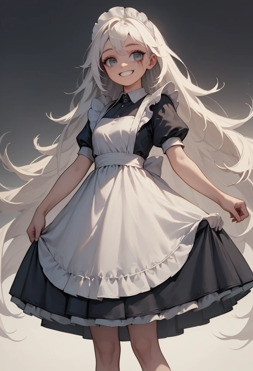 score_9,score_8_up,score_7_up,masterpiece, best quality, cute girl, very light skin, white hair, extremely long hair, grey eyes, extremely detailed eyes, happy, smiling, cute smile, tall, standing, maid, maid outfit, scar under right eye, empty background