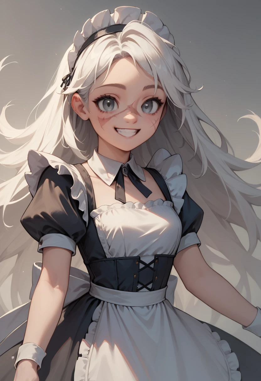 score_9,score_8_up,score_7_up,masterpiece, best quality, cute girl, very light skin, white hair, extremely long hair, grey eyes, extremely detailed eyes, happy, smiling, cute smile, tall, standing, maid, maid outfit, scar under right eye, empty background