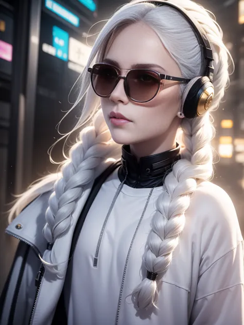 white clothes, white skin, white hair, long braids, cyberpunk, golden eyes, （wearing sunglasses）（wearing headphones）looking up, ...