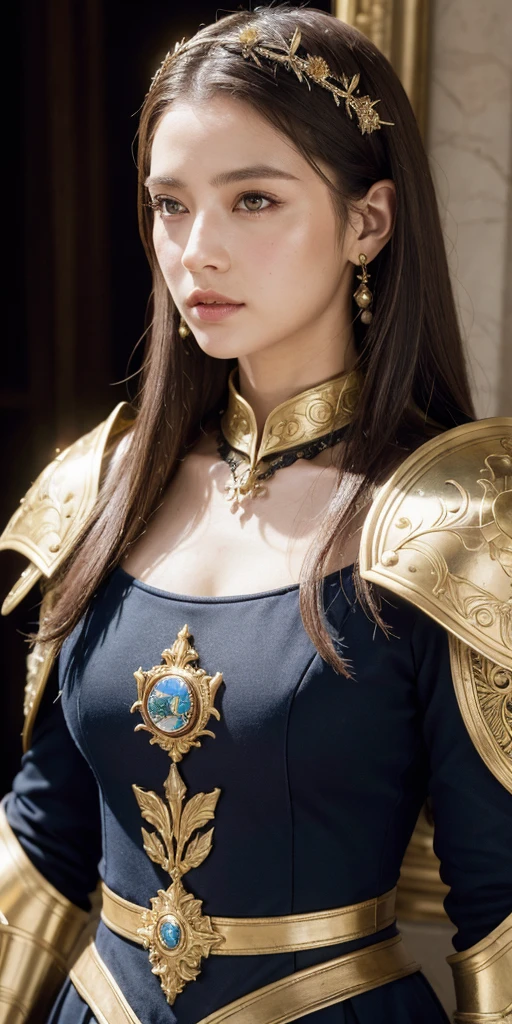 (Absurdres, Intricate Details, Masterpiece, Best Quality, High Resolution, 8k), 1 female, thin, young, aged up, masked, finely detailed eyes and face, auburn low-fade hair, amber eyes, portrait,  looking at viewer, solo, half shot, detailed background, (light fantasy theme:1.1),  focusing, mercenary,  sunshine, floating scraps,  color plate armor, divine aura, bright realistic lighting, marble castle, intense atmosphere, circlet, coat of arms,  brazier,  , Depth of Field, VFX.