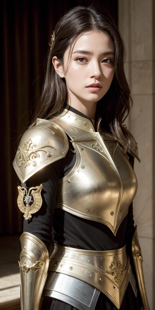 (Absurdres, Intricate Details, Masterpiece, Best Quality, High Resolution, 8k), 1 female, thin, young, aged up, masked, finely detailed eyes and face, auburn low-fade hair, amber eyes, portrait,  looking at viewer, solo, half shot, detailed background, (light fantasy theme:1.1),  focusing, mercenary,  sunshine, floating scraps,  color plate armor, divine aura, bright realistic lighting, marble castle, intense atmosphere, circlet, coat of arms,  brazier,  , Depth of Field, VFX.