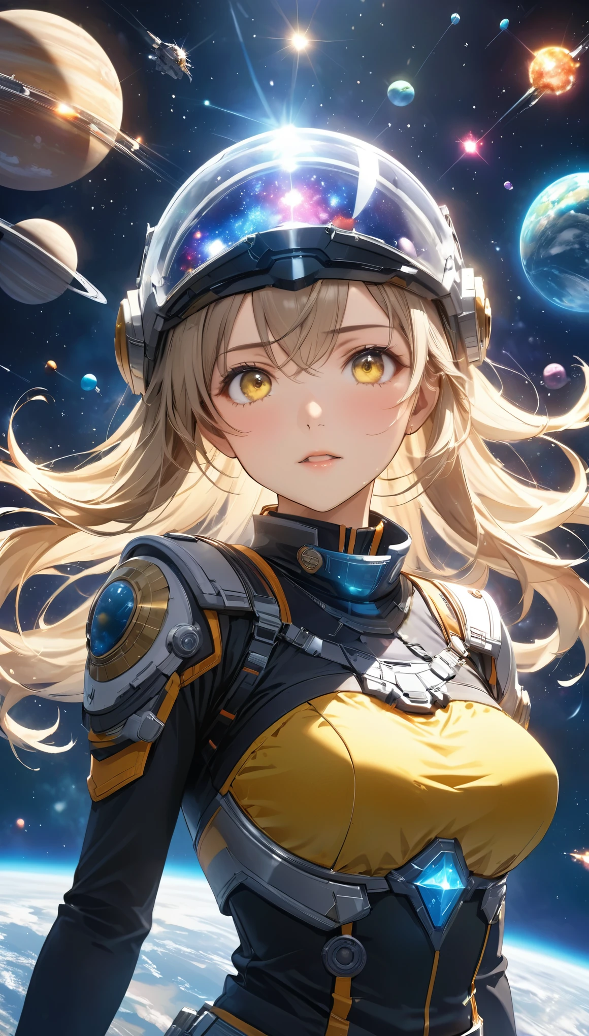 Highest quality, Highest quality, 16K, Unbelievably absurd, Very detailed, 2.5D, delicate and dynamic, universe, planet, war, universe戦艦ヤマト, 鮮やかな色のplanet, Tiny faint lights and colorful meteors, space ships, universeステーション, Very delicate facial expressions, Delicate eye depiction, Upper body close-up,, erotic, dynamic sexy poses, Only sexy women, Healthy body shape, 22-year-old woman, Commander, Height: 170cm, Large, firm, swaying bust, Clear glass helmet, 艶やかな黄色いuniverse服, Crystal Yellow, Medals, エナメル質のタイトなuniverse服, , Movie battle scenes, Take command in the control room