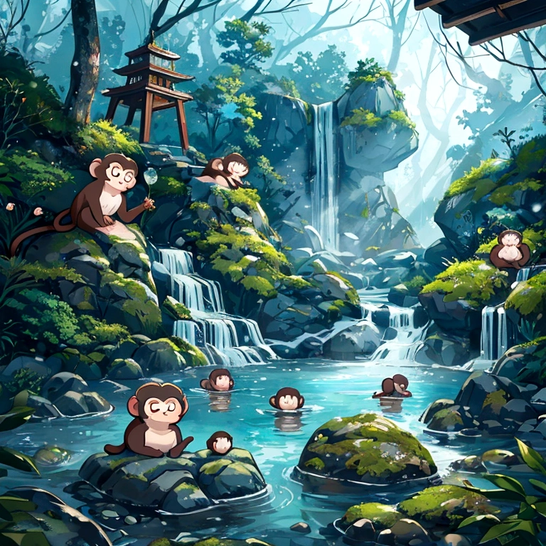 A beautiful chibi monkeys bathing in onsen, cheers jags, snow covered rock formation, humid outdoor onsen environment, highly detailed, photorealistic, 8k, masterpiece, intricate details, realistic water simulation, steam rising, mossy rocks, warm lighting, natural environment, serene atmosphere, adorable monkeys, realistic fur textures, crystal clear water, stunning scenery, vibrant colors, atmospheric lighting, picturesque landscape