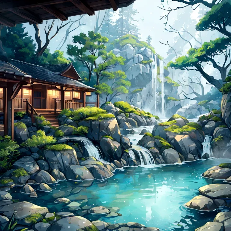 a beautiful chibi bathing in onsen, cheers jags, snow covered rock formation, humid outdoor onsen environment, highly detailed, ...