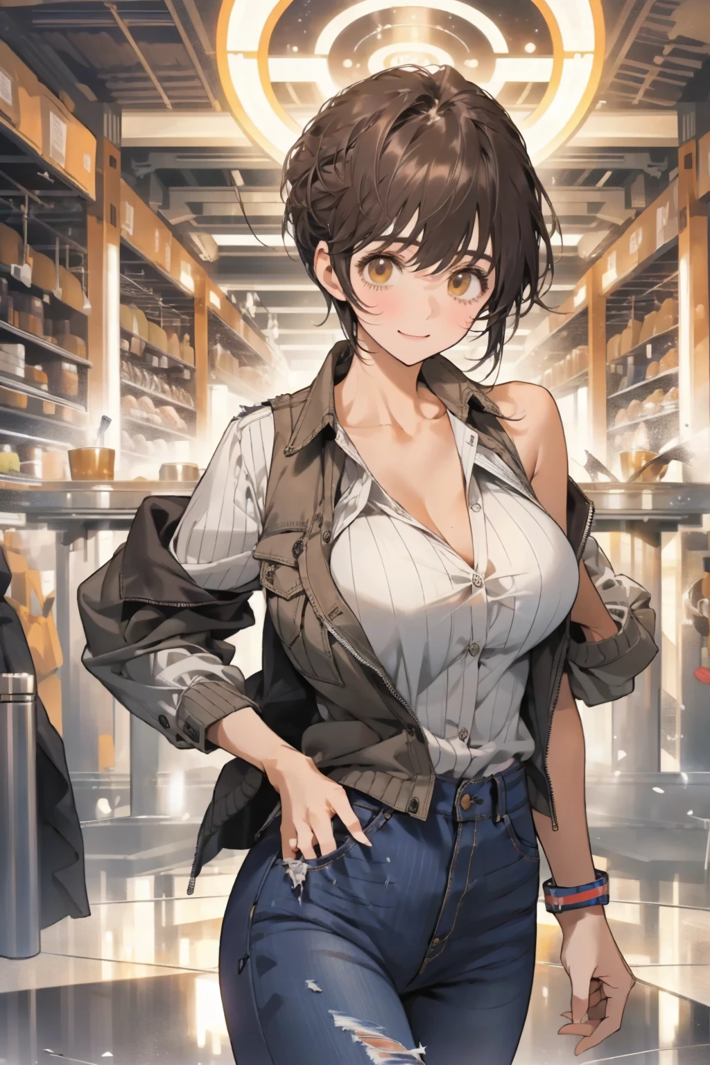 (masterpiece, best quality:1.2), Cowboy shooting, Solitary, 1 Girl, Carly Nagisa, open mouth, Hands on hips, Black long hair, Brown sleeveless jacket, Cardigan jacket, ((Striped shirt)), jeans, Wristband, floorroom,floor, sit,Smile,Awkward ,Large target ,巨Large target , Crazy breast swelling, Chest larger than shoulder blades, Big breasts and thin waist，(巨Large target breasts:1.2)，Hydrated skin（（rogue））（（非常巨Large target乳房）），（（Grooves reveal original skin）)