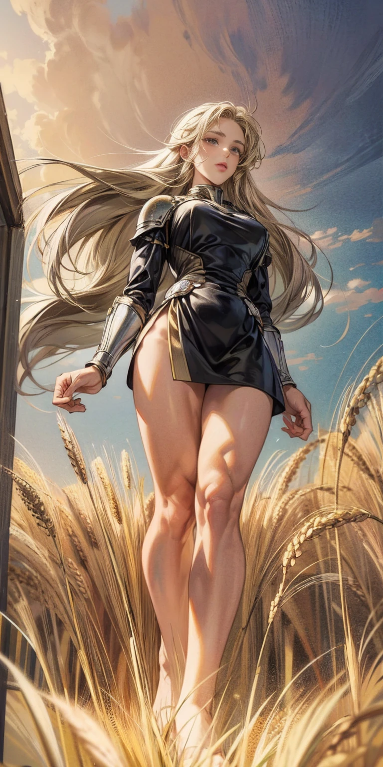 stunning painting of a knight with blonde hair, wheat field, epic clouds ((painterly)) ((impressionist)) vibrant, soft edges (((warm glow))) full body whole body view from below 1sologirl, feet together