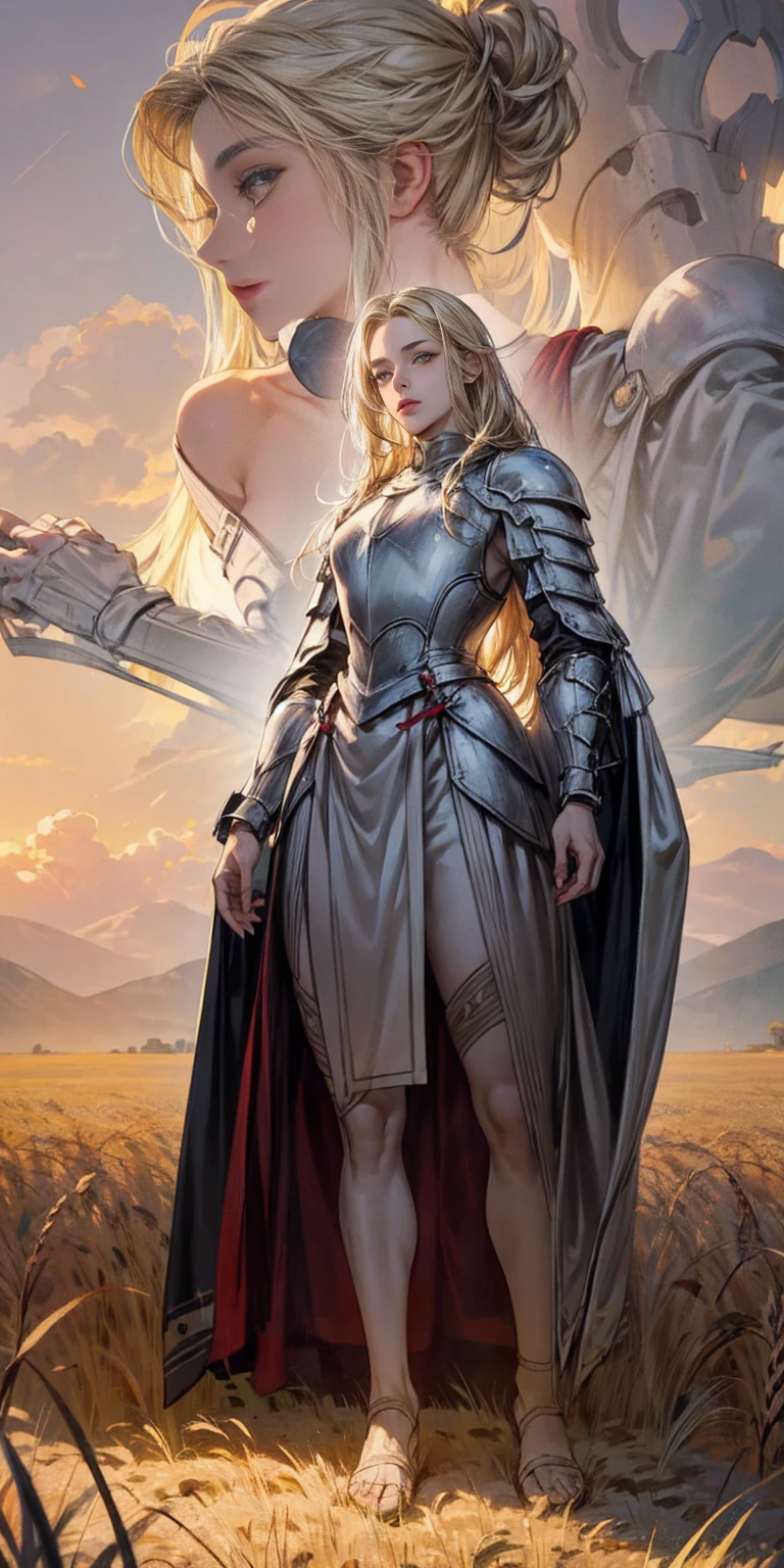 stunning painting of a knight with blonde hair, wheat field, epic clouds ((painterly)) ((impressionist)) vibrant, soft edges (((warm glow))) full body whole body view from below 1sologirl, feet together