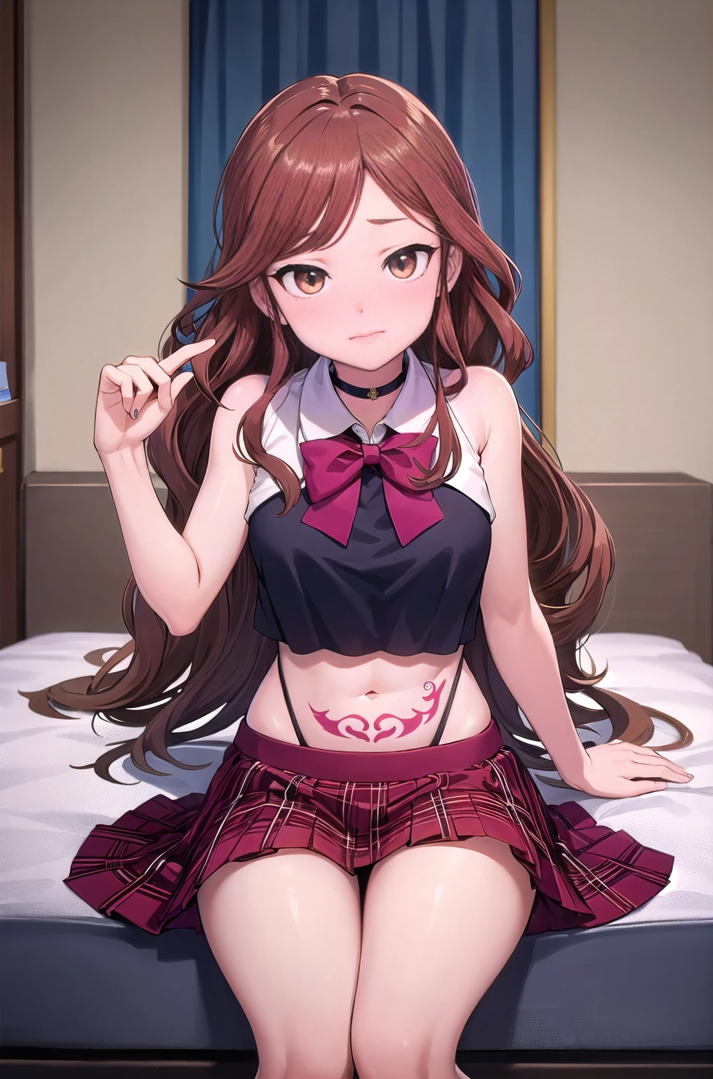 ((最high quality, high quality, masterpiece, High resolution)), Kaminari Natsumi, One girl, alone, , bowtie, skirt, bow, School, Wearing a choker, Sexy tattoo on stomach , bedroom, sitting on the bed 