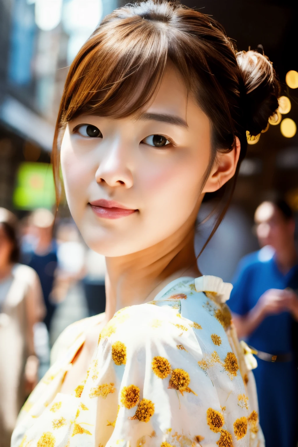 photoshoot by deborahWolf1, A skinny Japanese woman, (brown hair), (hair with elegant bun), cute face, detailed face, detailed eyes, detailed skin texture, (blush:0.2), (goosebumps:0.3), (White floral dress), underground scattering, Photorealistic, Hyperrealistic, hyperdetailed, analog style , tilted hip, demure, detailed skin, matte skin, soft lighting, subterranean scattering, realistic, heavy shadow, artwork, Best quality, ultra realistic, 8k, golden ratio, intricate, high detail, film photography, soft focus, stem, (({full|upper} body photo))