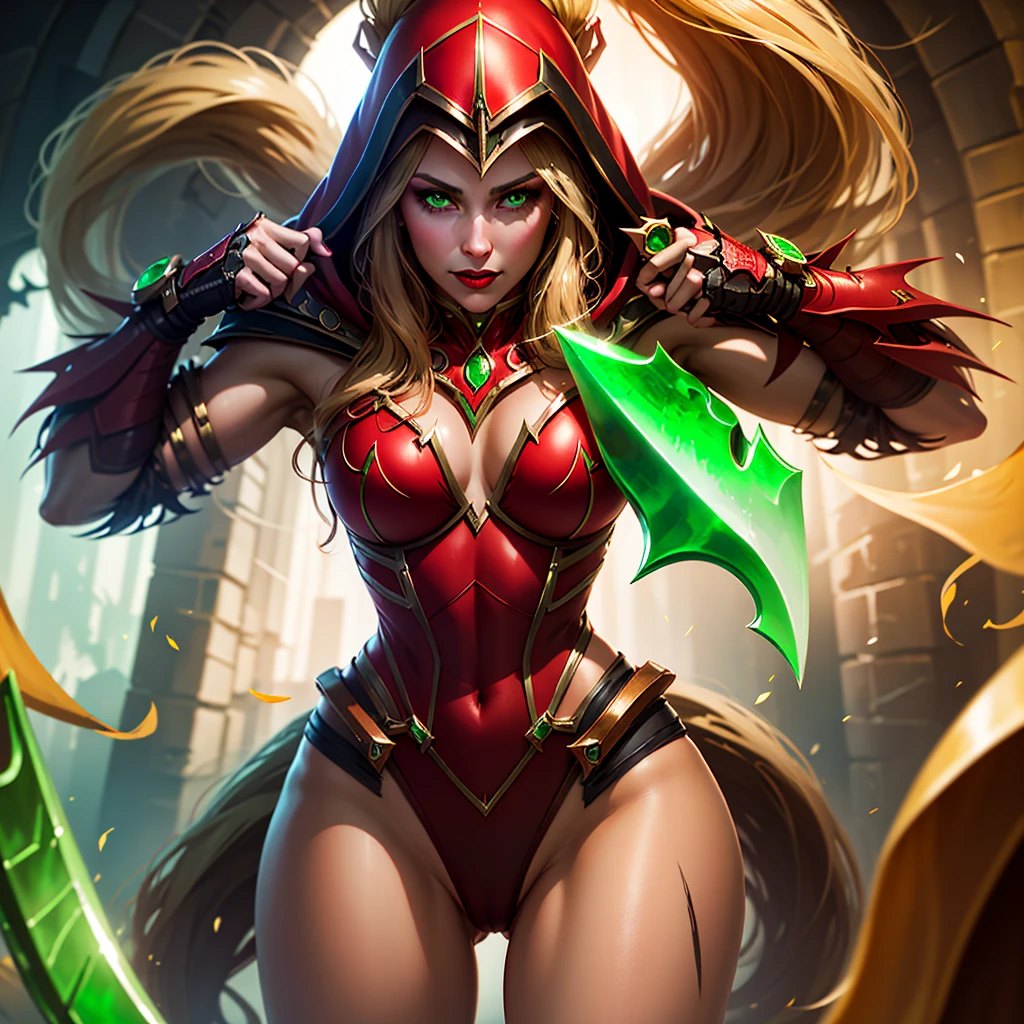 1girl, cowboy shot of beautiful ladyvaleera, hood on, red leotard, cameltoe, holding daggers, green dagger, weapon, looking at viewer, fantasy town outdoors, magic, volumetric lighting, best quality, masterpiece, realistic,  