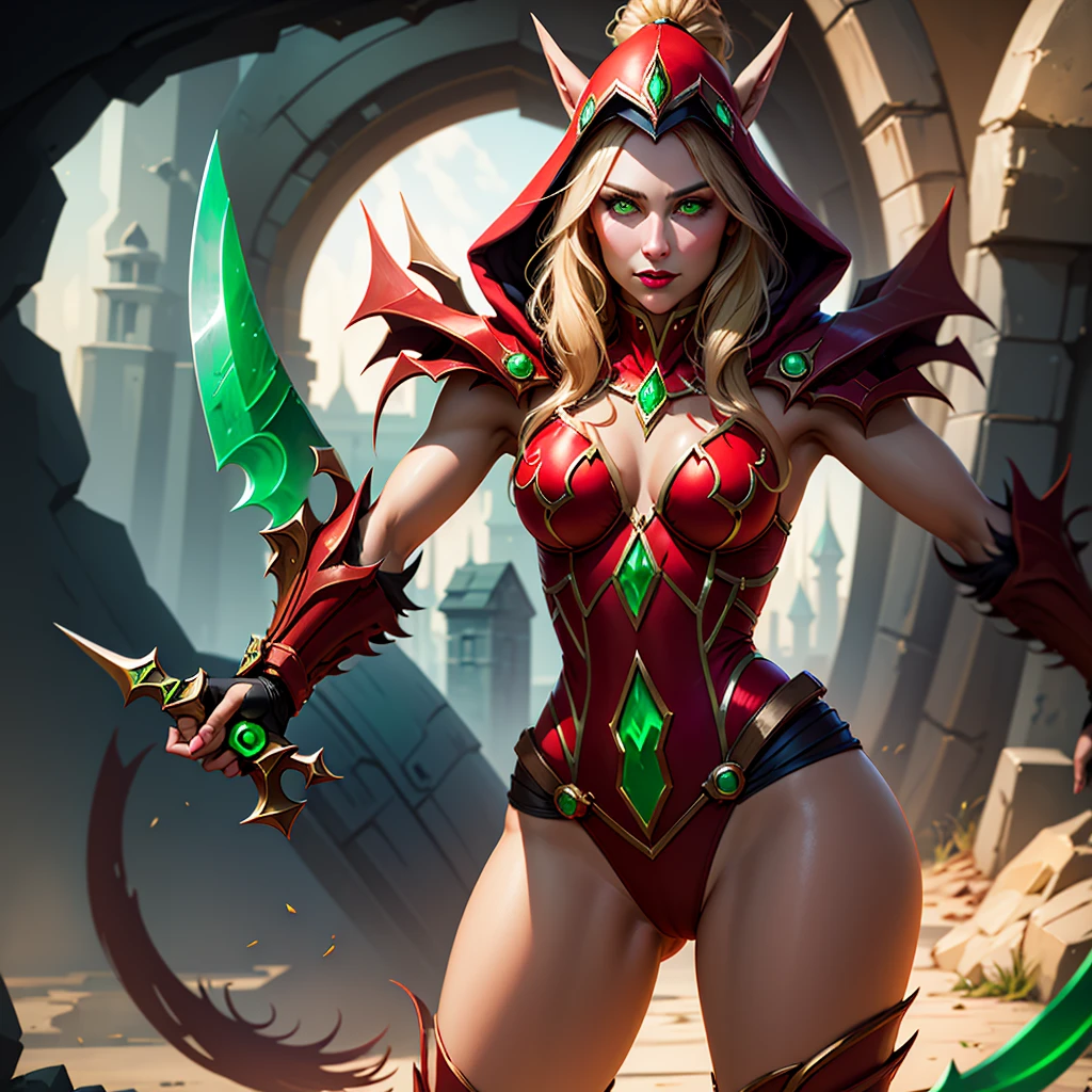 1girl, cowboy shot of beautiful ladyvaleera, hood on, red leotard, cameltoe, holding daggers, green dagger, weapon, looking at viewer, fantasy town outdoors, magic, volumetric lighting, best quality, masterpiece, realistic,  