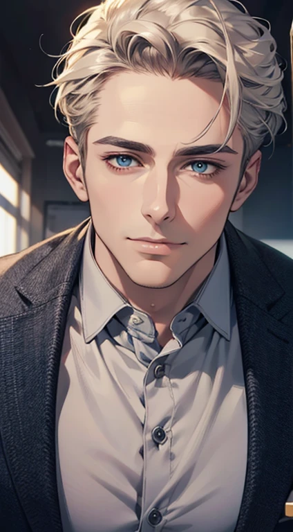 (best quality,4k,8k,highres,masterpiece:1.2),ultra-detailed,(realistic,photorealistic,photo-realistic:1.37),1 man,31 years old,mature man,very handsome,without expression,smile,short grey golden hair,blue eyes,penetrating gaze,perfect face without errors,imposing posture,businessman,office background,cinematic lighting,hdr image