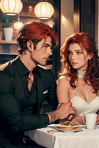 The picture shows a couple: 1 man (A tall, handsome, courageous adult red-haired man with green eyes, tanned skin, long curly copper-red hair), sitting at a table in a restaurant with 1 woman (an incredibly handsome young femme fatale brunette, she has blue eyes, short black hair). They're in love.