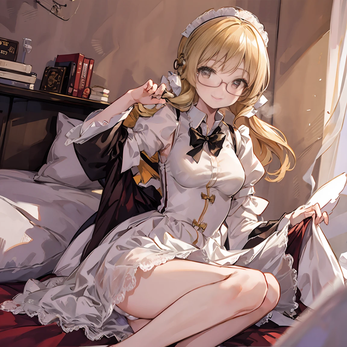 Schlanke Frau mit Brille、Zeig deine Unterwäsche、Transparente Spitzenunterwäsche、langes Dienstmädchen-Outfit、Mami Tomoe、lächeln、Schlafzimmer