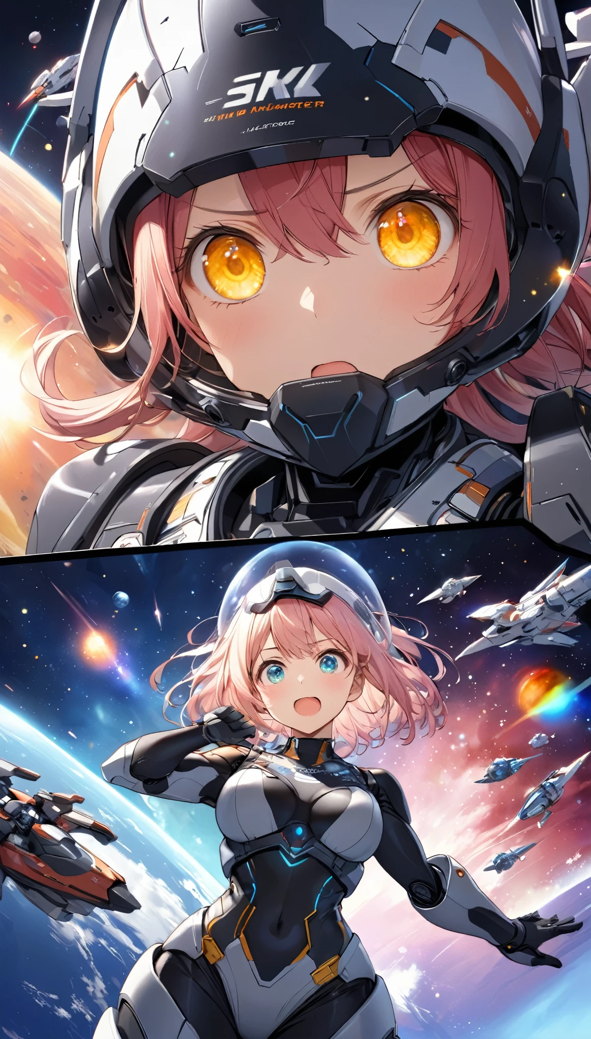 Highest quality, Highest quality, 16K, Unbelievably absurd, Very detailed, 2.5D, delicate and dynamic, universe, ロボットwar, war, , Brightly colored planet, Tiny faint lights and colorful meteors, space ships, universeステーション, Very delicate facial expressions, Delicate eye depiction, Upper body close-up,, erotic, dynamic sexy poses, Only sexy women, Healthy body shape, 22-year-old woman, Fighter pilot, Height: 170cm, Large, firm, swaying bust, Full Face Helmet, A robot suit with a complex structure, Robot Suzu with complex colors, Tight robot suit, , Movie battle scenes, Ready your gun?