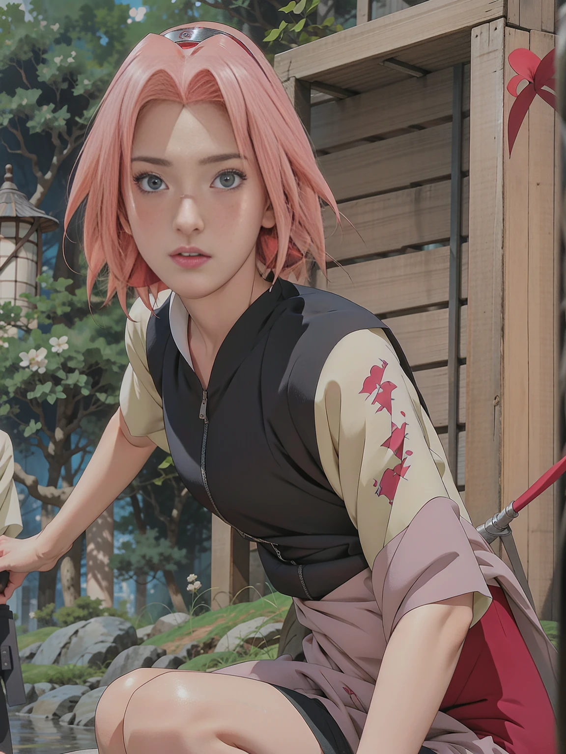 Japanese cartoons girl with pink hair and green eyes staring at something, Sakura Haruno, Sakura Haruno in slug sage mode, Sakura Haruno, Golden Eye Circle, Japanese cartoons火影”,Black collar, White tube top，screenshot from a 2012s Japanese cartoons, Fine details. Japanese cartoons. From &quot;Final Fantasy 13&quot;, as an Japanese cartoons character