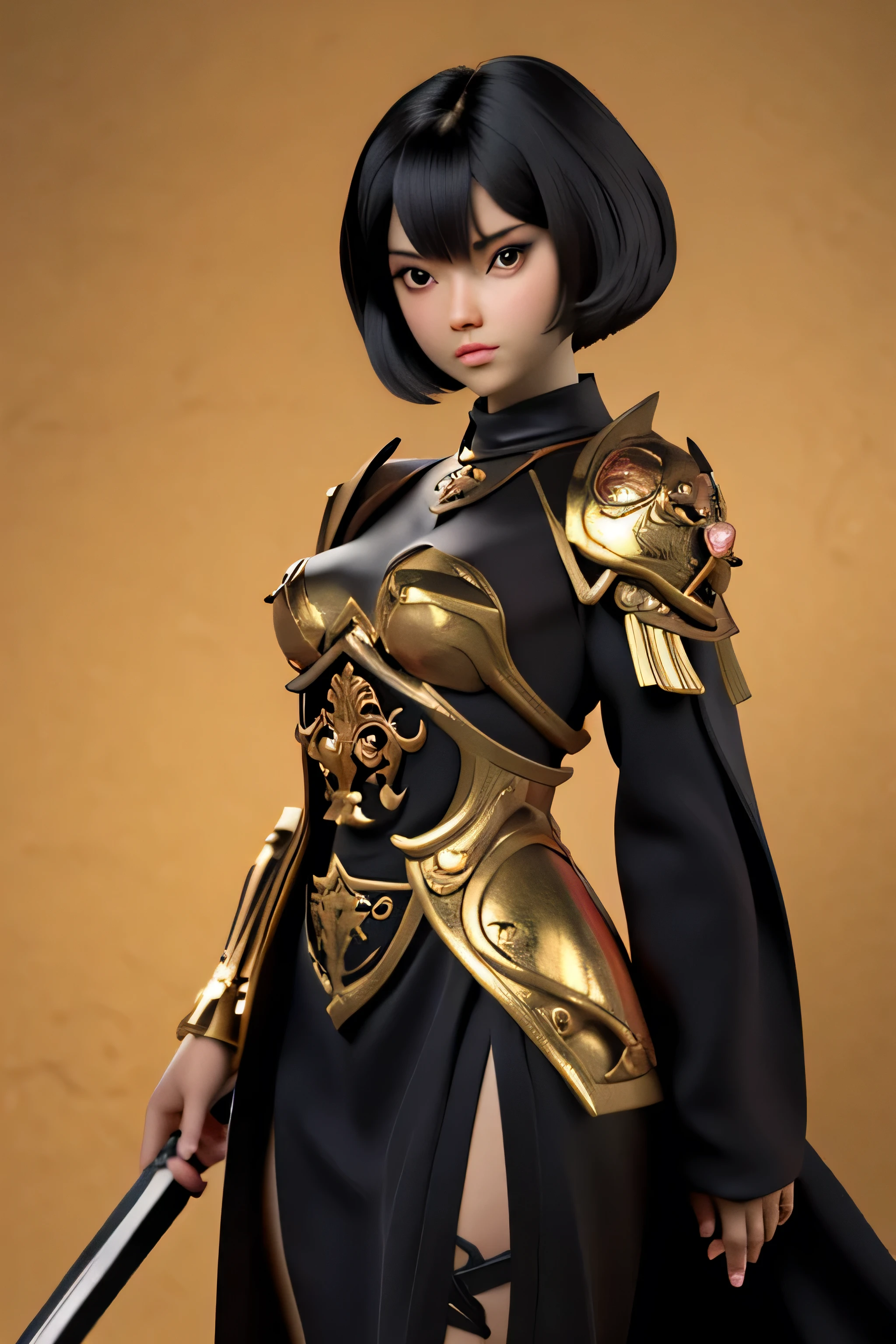 a sexy anime girl, short hair, black hair, brown eyes, black medieval dress, golden armor parts, armor, rune symbol armor, right hand wielding golden katana, capricorn symbol background, small breasts, realistic,