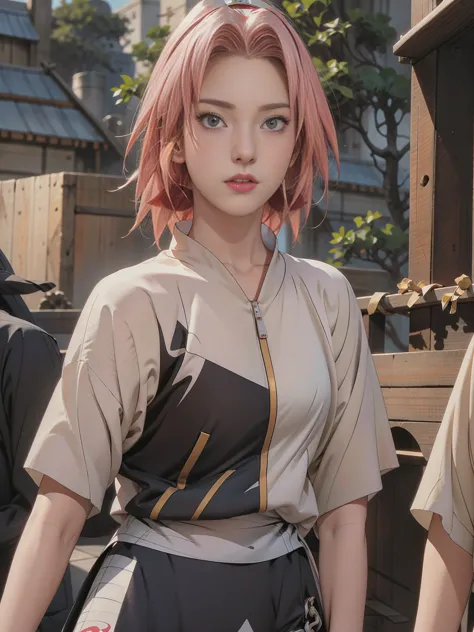 Sakura Haruno，White shoulders，Gold Collar，Upper Body，Fine details，Trendy style，Cool Girl，Exceptional style，Urban costumes，