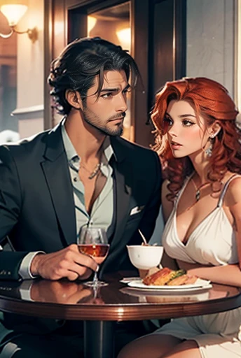 The picture shows a couple: 1 man (A tall handsome, statuesque, courageous adult man with green eyes, tanned skin, long curly copper-red hair), sitting at a table in a restaurant with 1 woman (an incredibly handsome young femme fatale brunette, she has blue eyes, short black hair). They're in love.